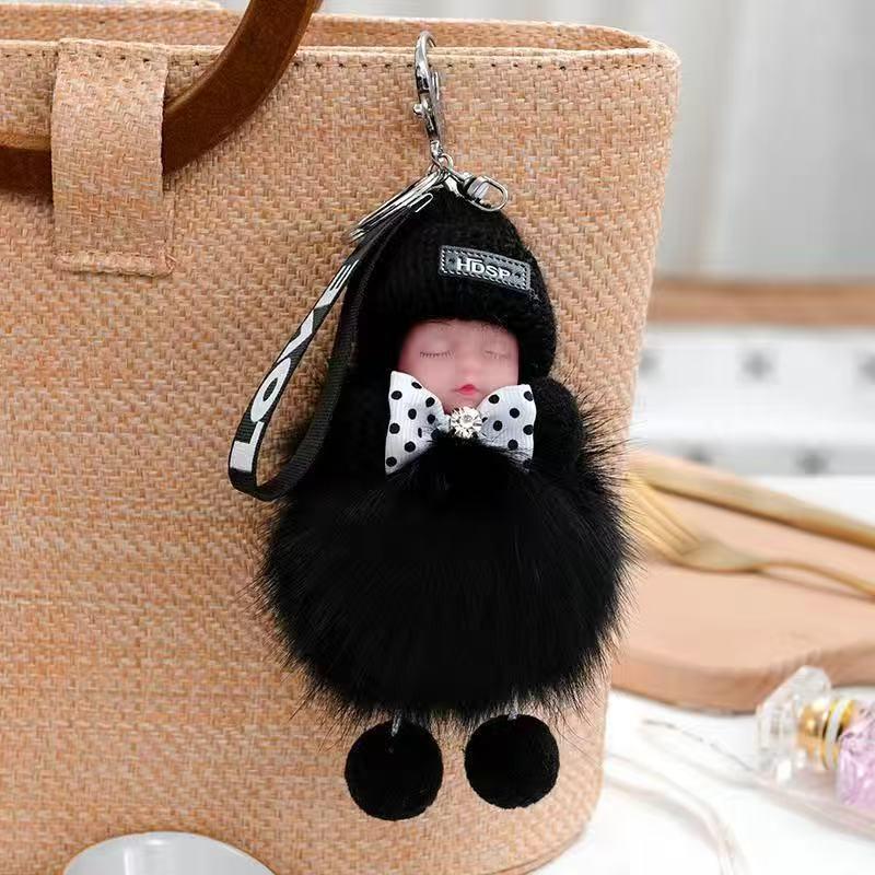 Genuine Fox Fur Sleep Doll Keychain Plush Pom-Pom Accessory