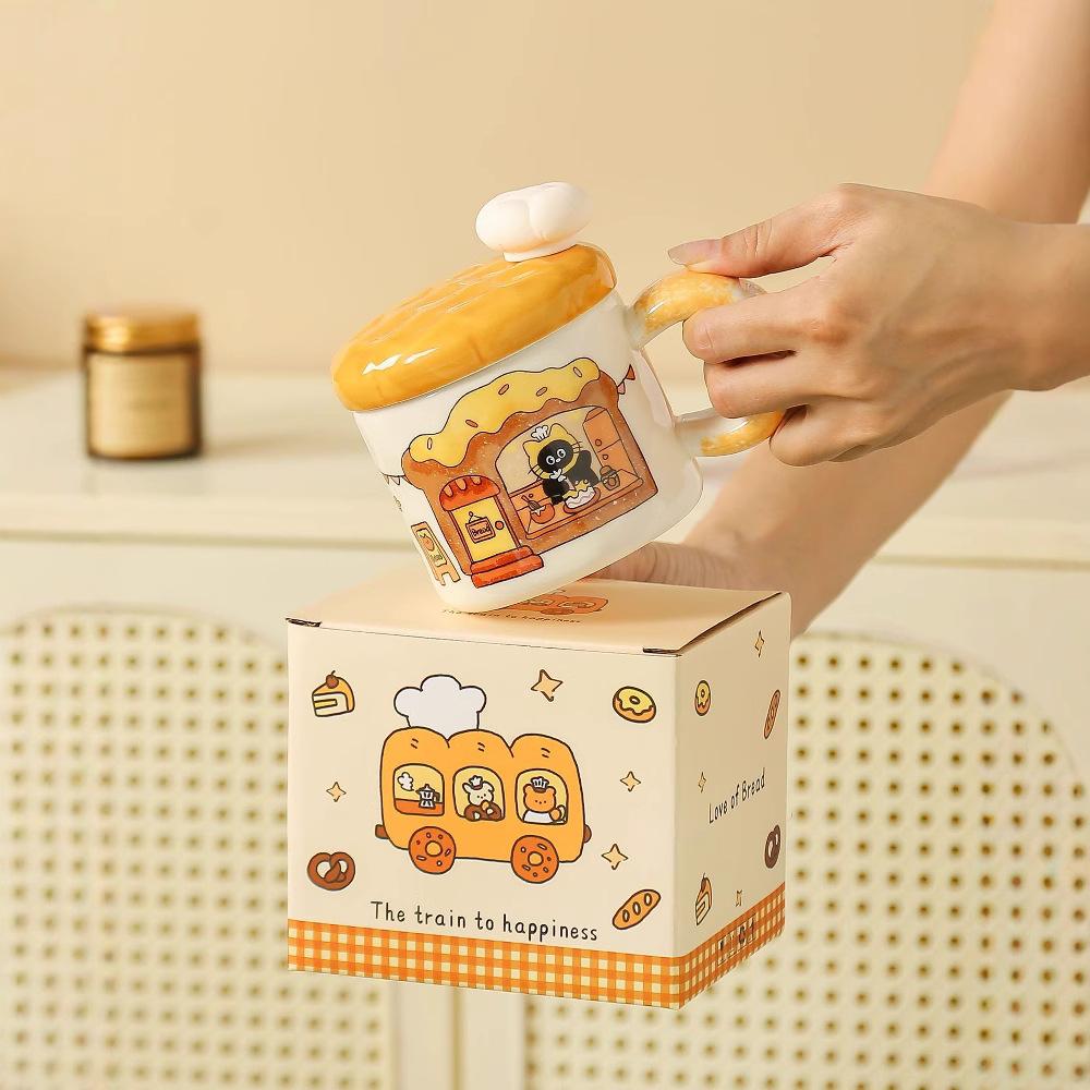 Cute Waffle Mug Good Looking Souvenir Bread Ceramic Cup with Lid  Office Girl Gift Water Cup