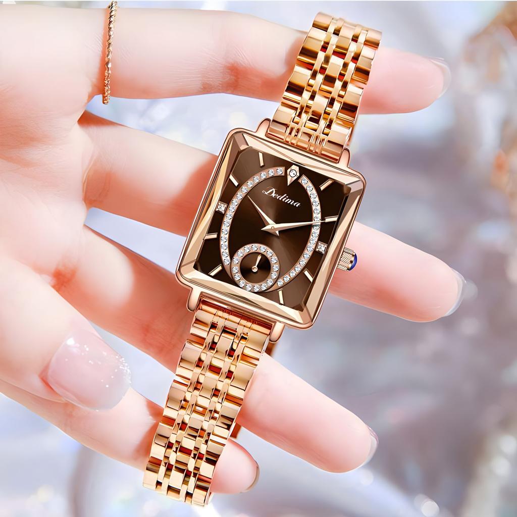 Luxury Fashion Square Women's Rose Gold Diamond Watch Two and a Half Pin Quartz Movement Waterproof Watch Clock Ladies