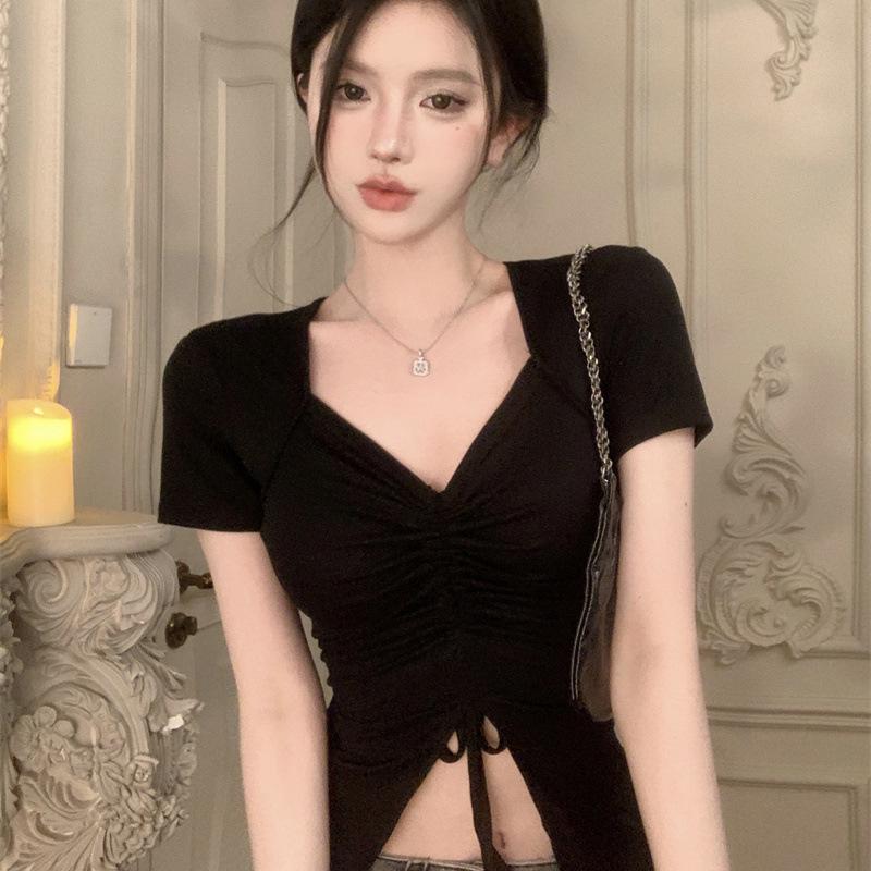 Black Slim-Fit Drawstring Navel-Baring Long-Sleeved Top for Women - Ideal for Spring and Summer