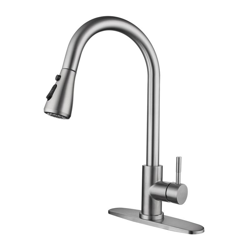 Modern 304 Stainless Steel Brushed Single Handle Pull Out Sprayer Kitchen Mix Sink Faucet (as the picture,Brushed)