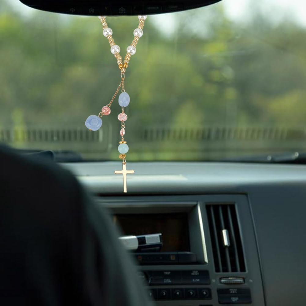 Natural Jade Cross Car Hanging Ornament Rearview Mirror Accessories Glass Beaded Charms With Pearl Car Hanging Accessories Suncatcher for Car Rear
