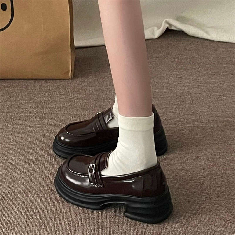 Brown retro British style heightened platform small leather shoes women's 2025 spring and autumn new French one-pedal loafers