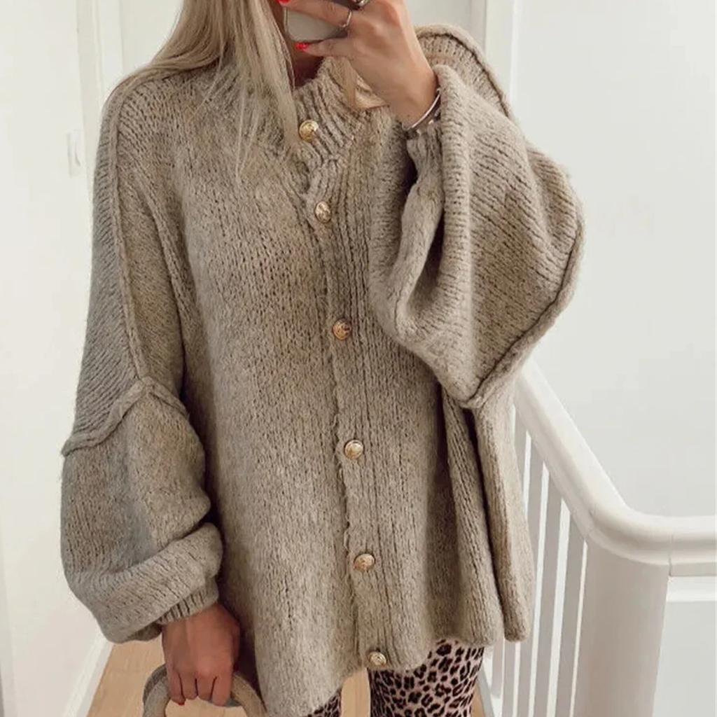 Maglione largo alla moda francese da donna Girocollo Cardigan con bottoni in metallo Monopetto Autunno Inverno Cappotto casual Outfit femminile Top