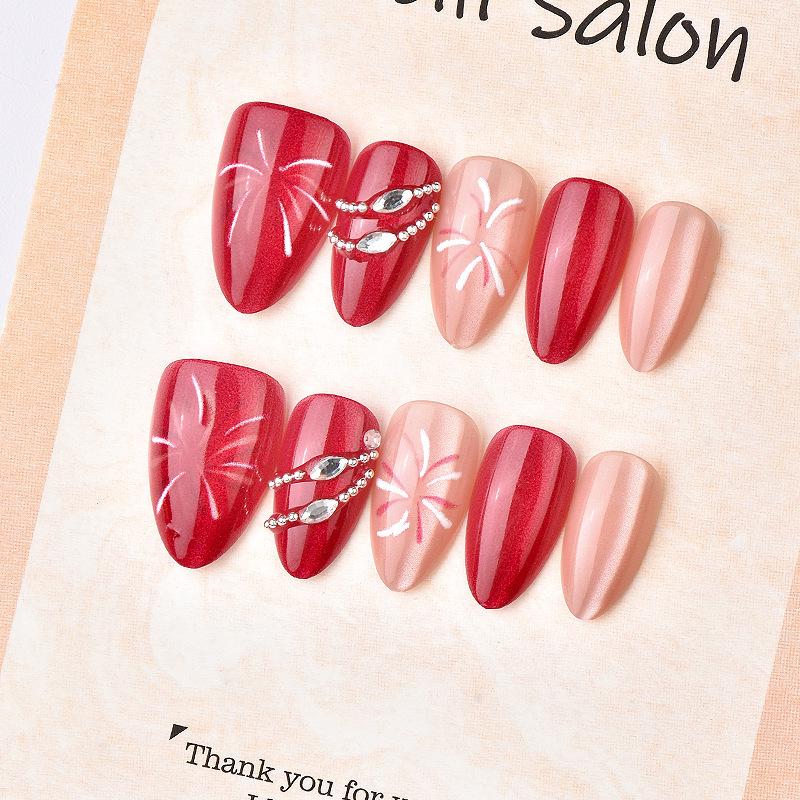 30-Piece 3D Cat Eye Almond Rhinestone Nails with French Fireworks Gemstone Design