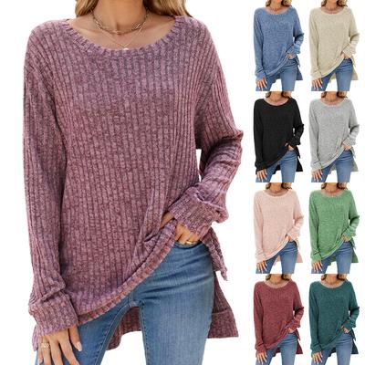2024 Autumn And Winter Round Neck Long Sleeved Pit Stripe Brushed Split T-Shirt Top For Women