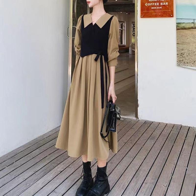 New Spring Autumn French Retro Hepburn Style Lapel Patchwork Long Sleeved Fake Two-piece Dress for Women