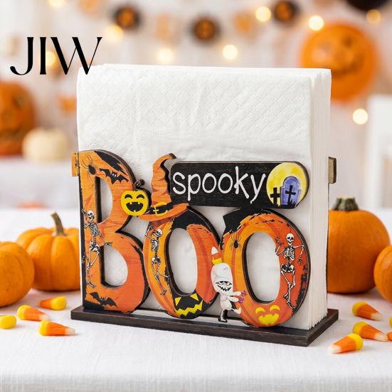 Decorative Napkin Organizer Halloween Wooden Holder, Cute Pastel Pumpkin Ghost Black Cat Tabletop Tissue Dispenser, Waterproof Holder
