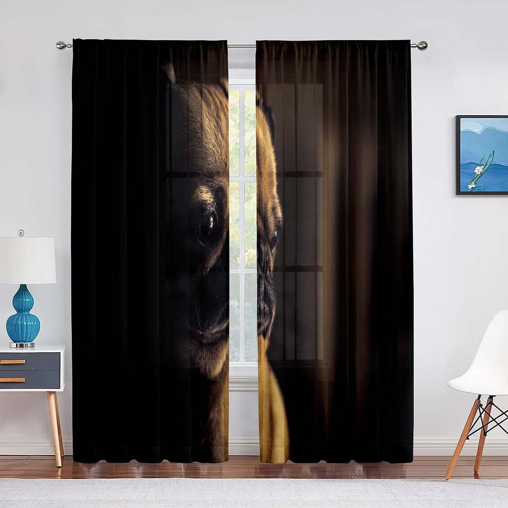 Pug Dog Wearing Glasses Portrait Sheer Voile Curtain Hand Drawn Cartoon Pet Animal Window Tulle Curtains for Living Room Bedroom