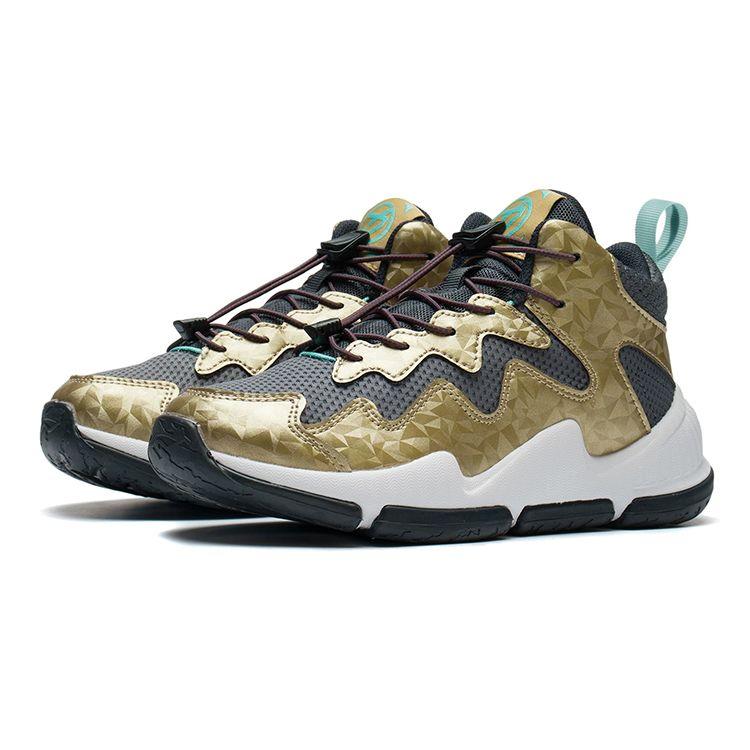 LiNing Youth  Rebound Shock Absorption Breathable Wear-Resistant Non-Slip Low-Top Basketball Shoes Kids Basketball Shoes Black Gold YKBS088-1