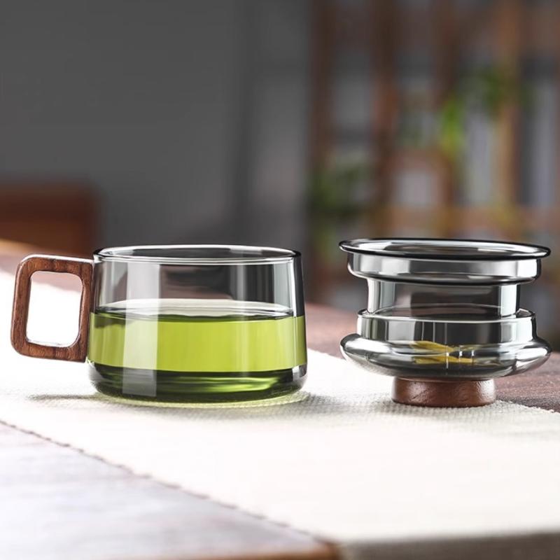 Heat Resistant Glass Mug with Tea Separator 400ml Wooden Handle for Daily Coffee or Tea at Home or Office