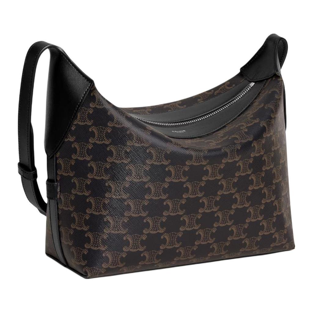 Celine Triomphe Logo Print Design Calfskin Shoulder Bag Women Shoulder Bag Black 122332GUK