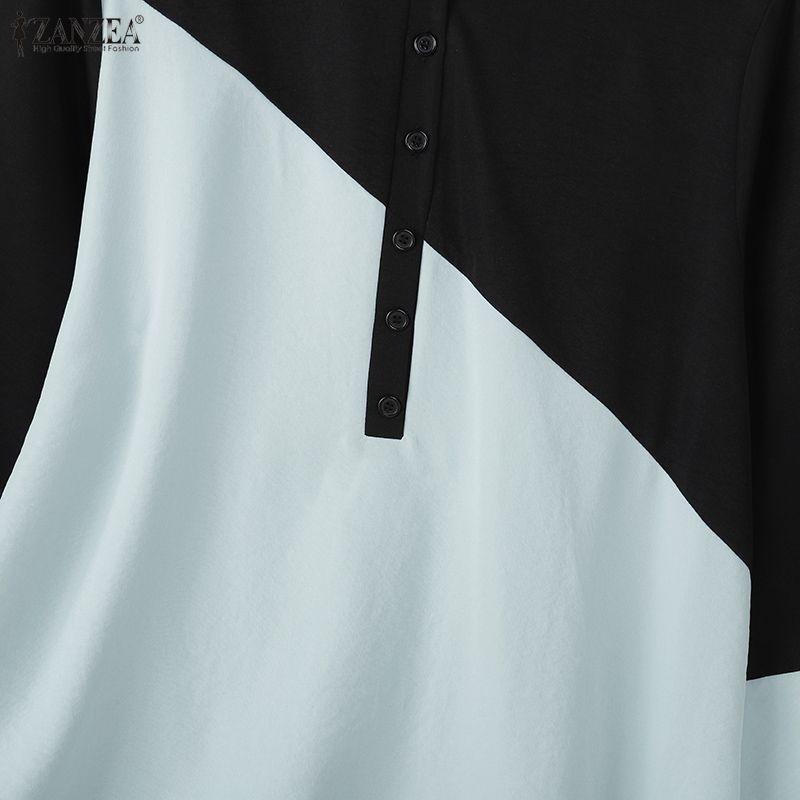 ZANZEA Damen Lässig V-Ausschnitt Locker Langarm Patchwork Kapuzenpullover Bluse