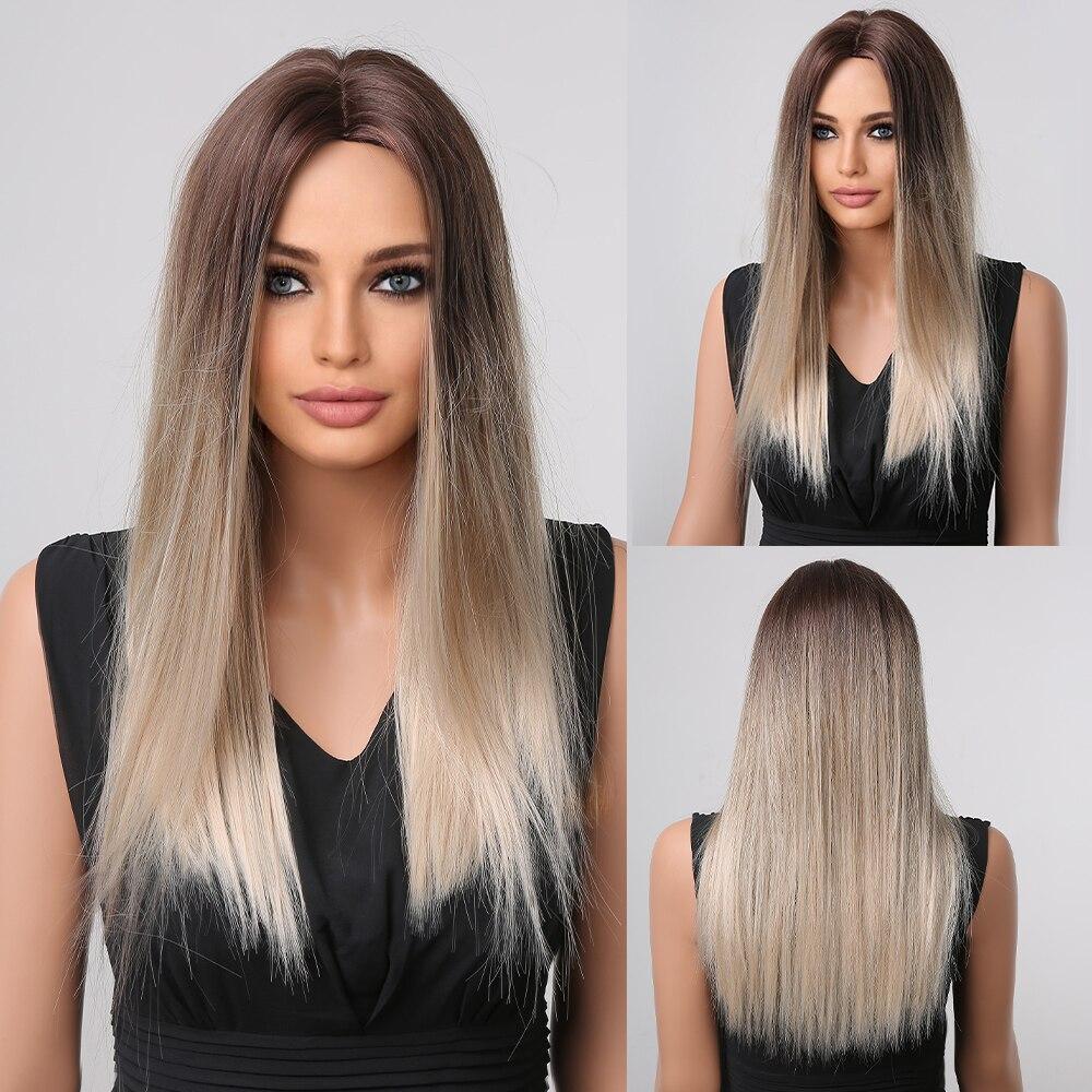 ALAN EATON Ash Grey Brown Mixed Synthetic Wigs for Women Long Straight Middle Part Hair Wigs Daily Cosplay Use Heat Resistant