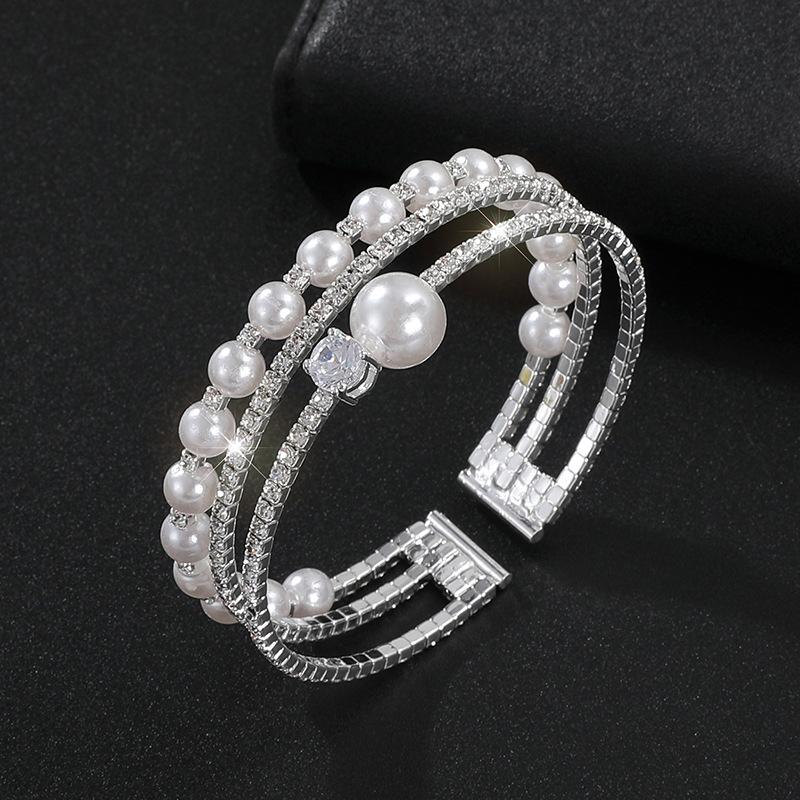 Pearl zircon open bracelet bridal multi-layer full diamond bracelet banquet claw chain rhinestone bracelet