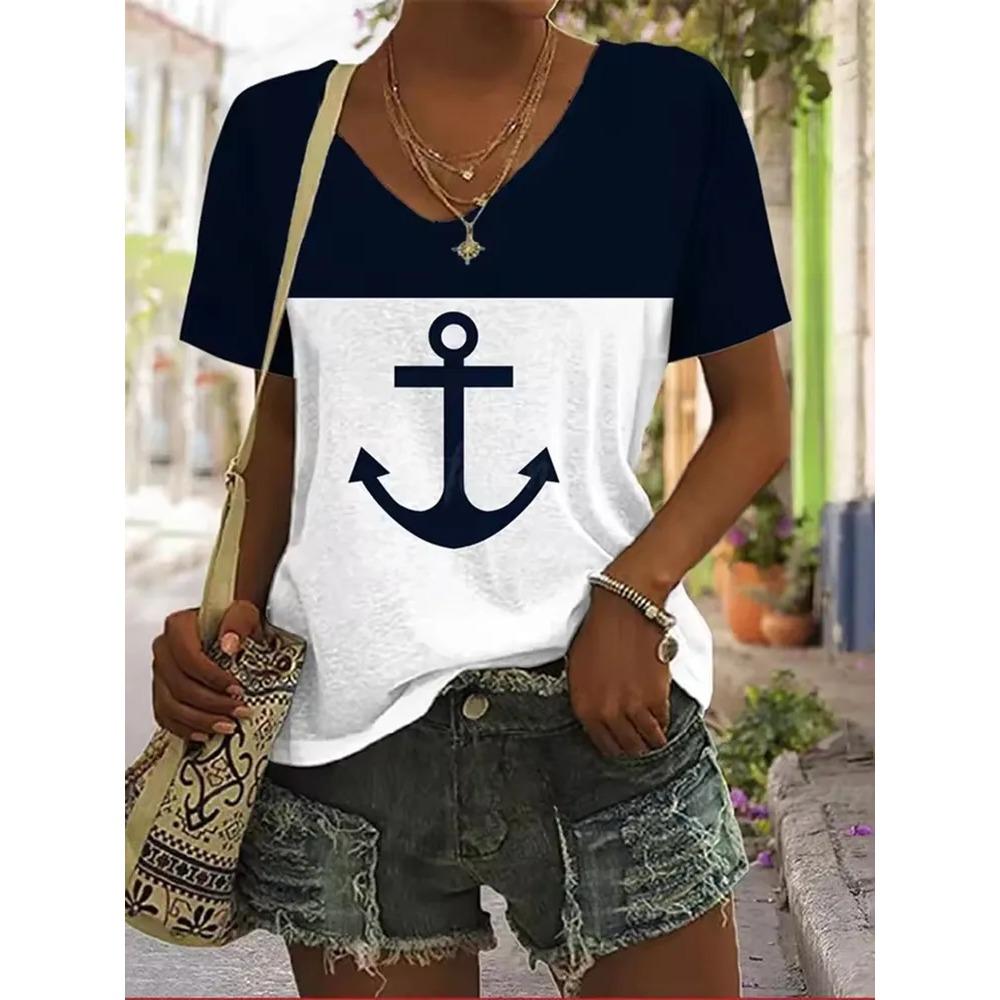 Stripe Printed T-shirt Fashionable Loose Short Sleeved Round Neck Versatile Comfortable Women's V-neck T-shirt