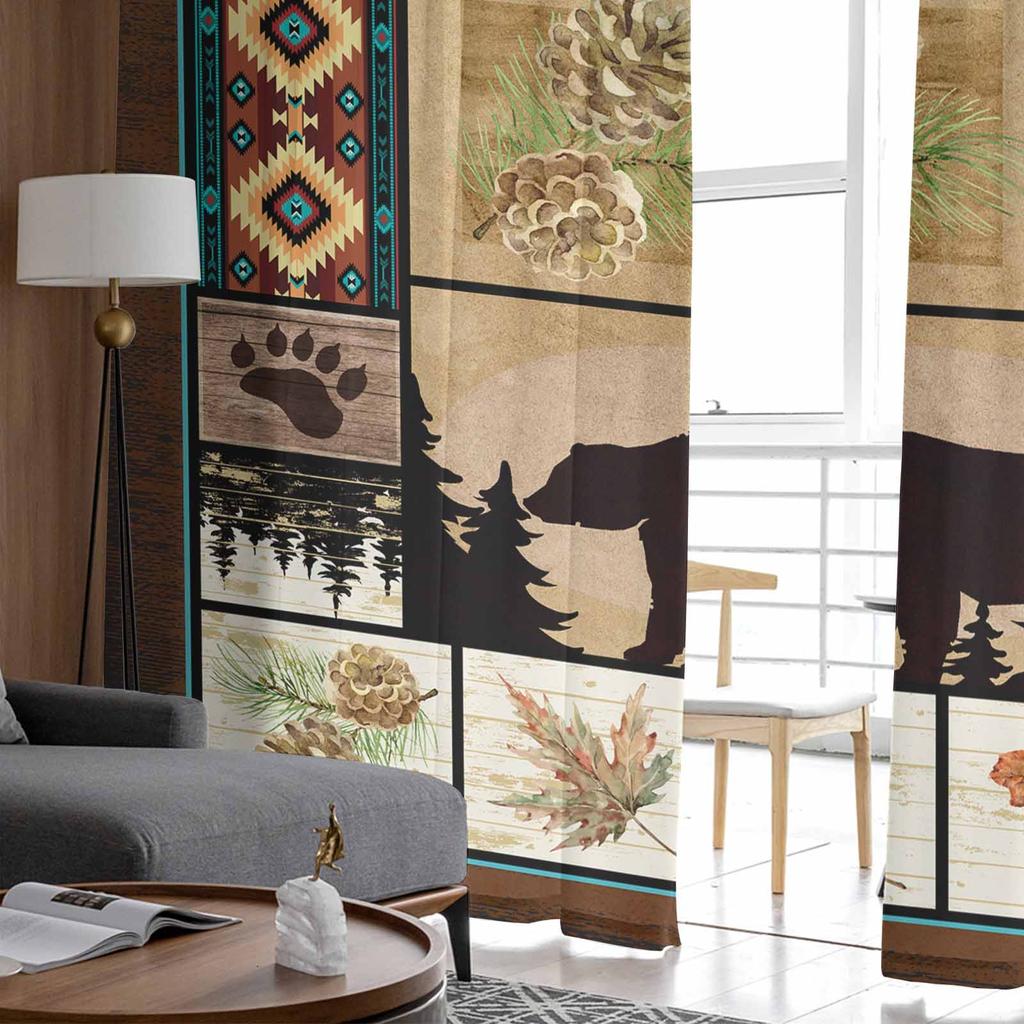 Forest Bear Deer Maple Leaf Pine Fruit Bohemian Vintage Sheer Curtains for Kids Living Room Voile Window Curtains Tulle Drapes