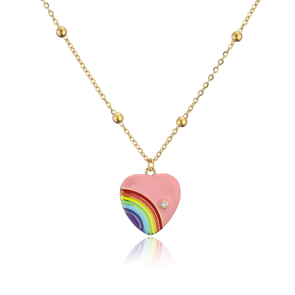 HECHENG,Rainbow Necklace ,Love Heart Necklace,Colorful Lucky Zircon,For Women ,Stainless Steel
