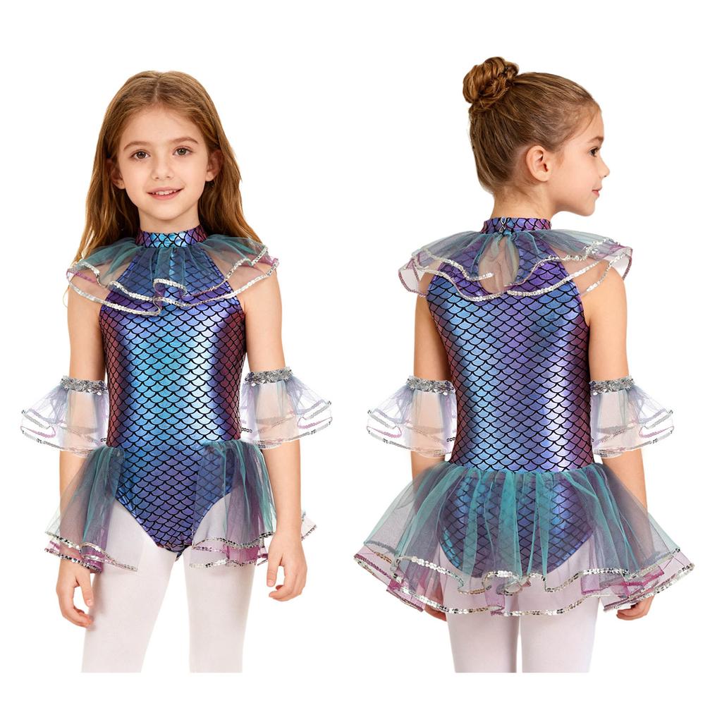 Kids Girls Mermaid Cosplay Costume: Sleeveless Mesh Sequins Bodysuit with Fish Scales Print & Arm Sleeves for Halloween Party