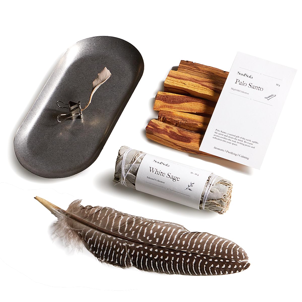 SoulSofa White Sage & Palo Santo Purifying Smudging Set (Includes California-Grown, Additive-Free Sage Bundle, Peruvian Natural Fragrant Wood, Purifyi
