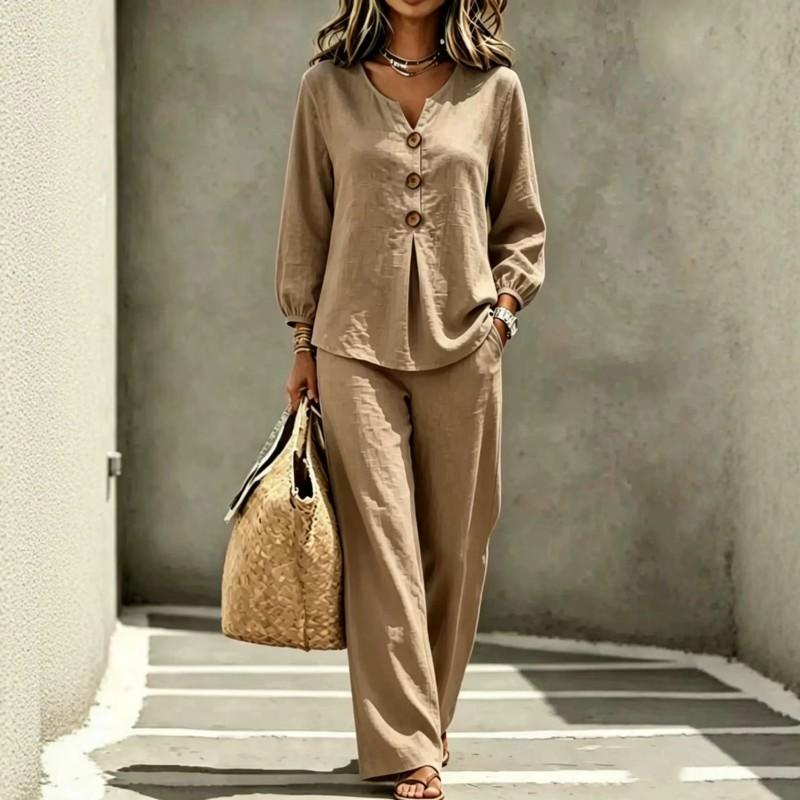 Womens Casual V-Neck Button-Up Lantern Sleeve Top Wide-Leg Pants 2-Piece Set Cotton Linen Blend
