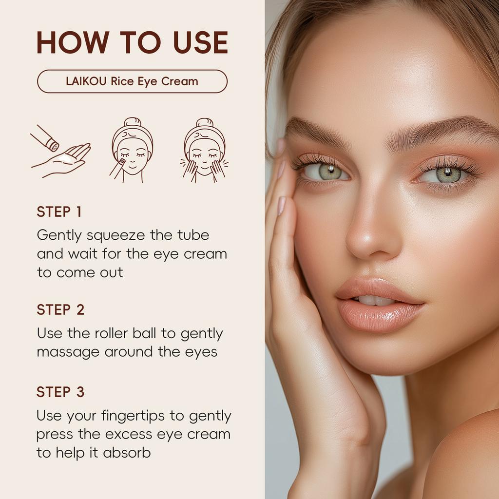 Cremă de ochi cu orez LAIKOU, Aplicator cu bilă, Esență de orez fermentat, cu Niacinamidă și Acid Hialuronic, Portabilă pentru călătorii, Utilizare zilnică și de somn