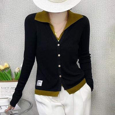 2025 New Autumn Style Slim Fit Fake Two-piece Knitted Cardigan for Women with Contrasting Color Lapels Simple Label Top Jacket