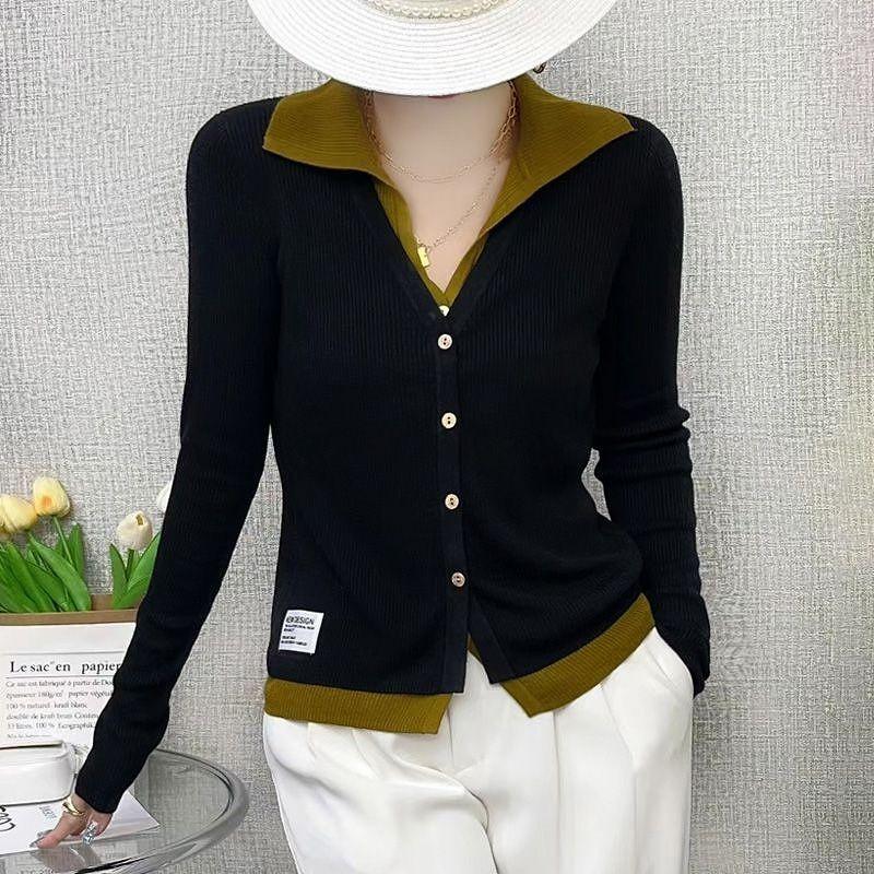 

2025 Новый Осенний Стиль Приталенный Вязаный Кардиган-двойка для Женщин с Лацканами Контрастного Цвета Простой Топ-Жакет с Этикеткой L чёрный