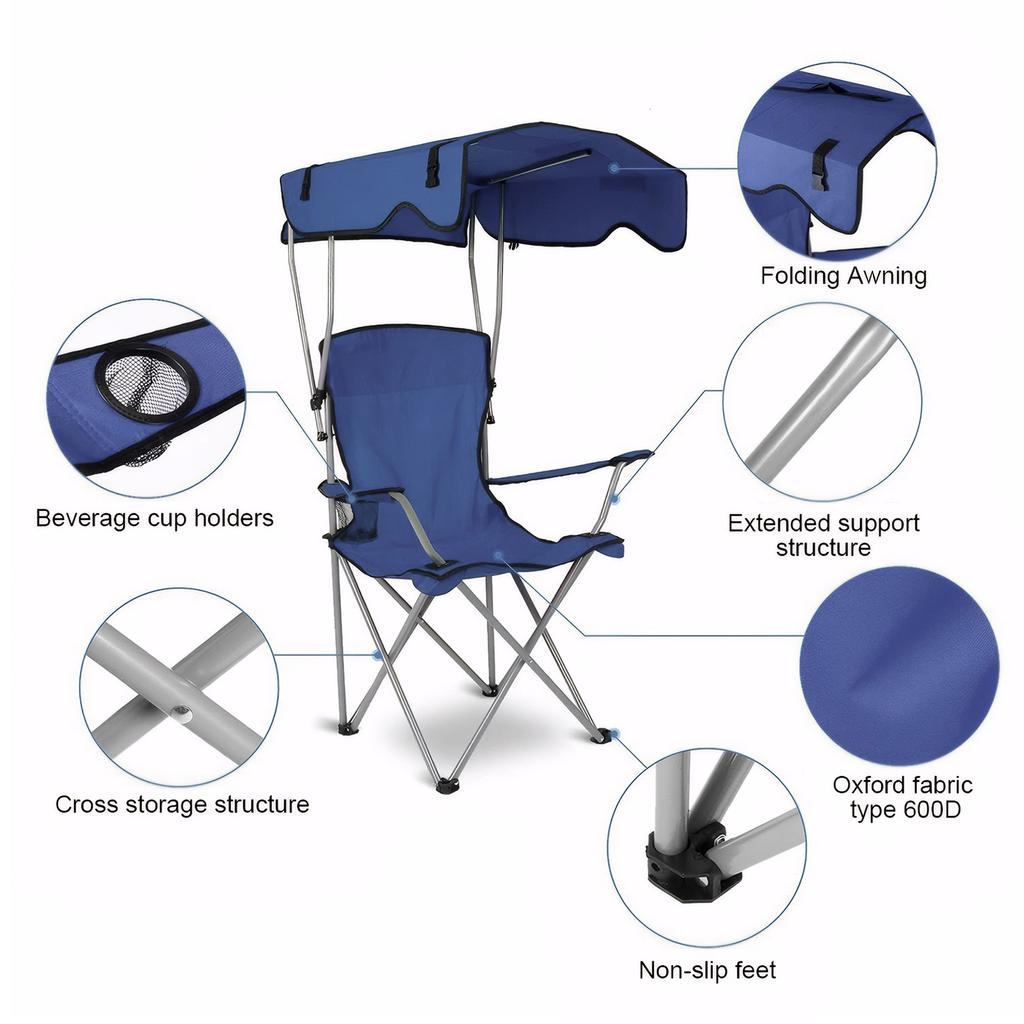 Outdoor Single Chair with Ceiling & Cup Holder Large Camping Lawn Chair Sun Protection Folding Fishing Chair for Poolside Travel