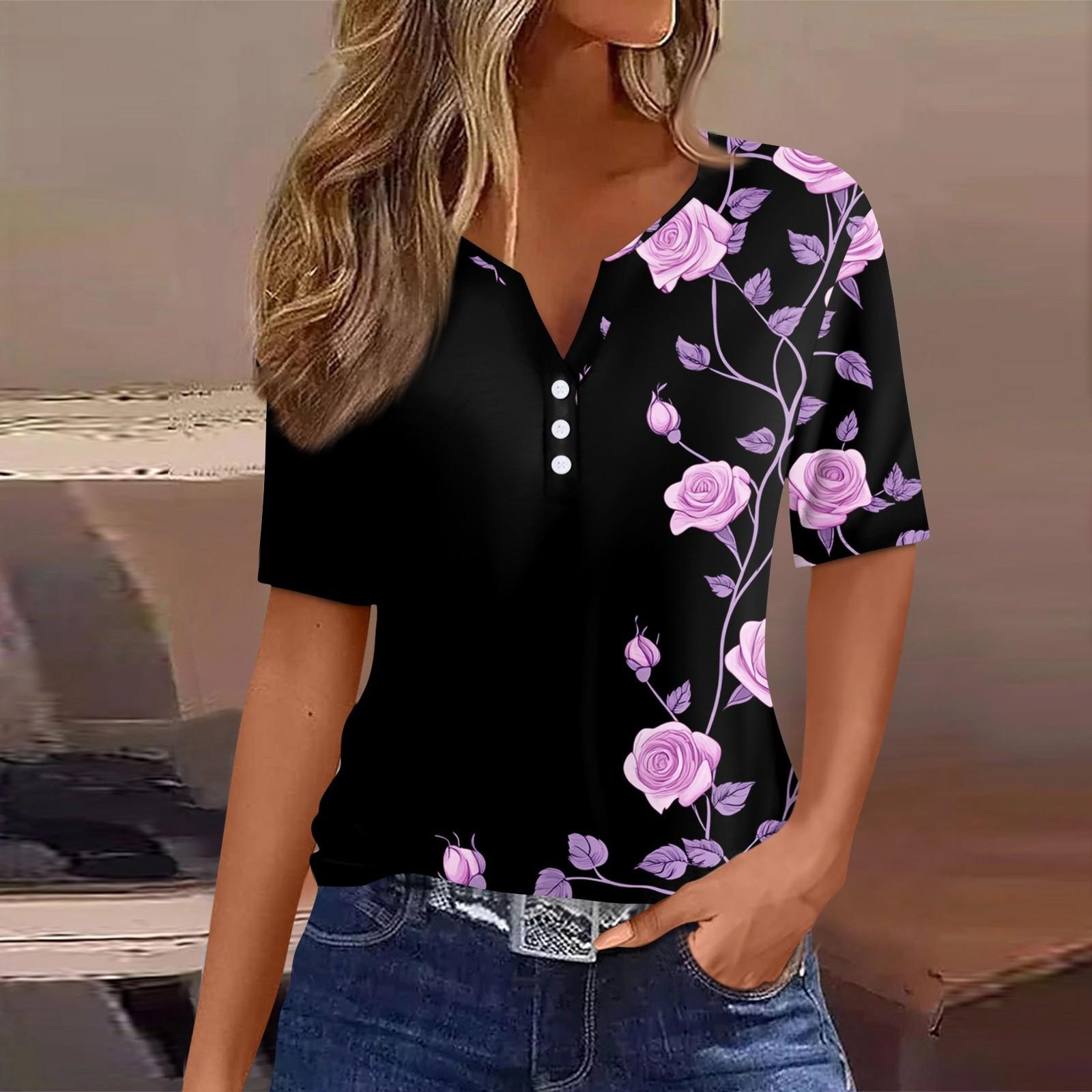 

Women s Casual Printed V-Neck Short Sleeve Decorative Button T-Shirt Top XL чёрный