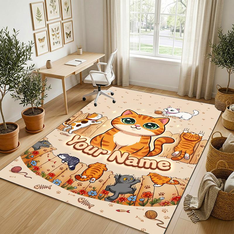 Cat Theme Crystal Velvet Rug Personalized Custom Name Text Soft Floor Mat Home Decor