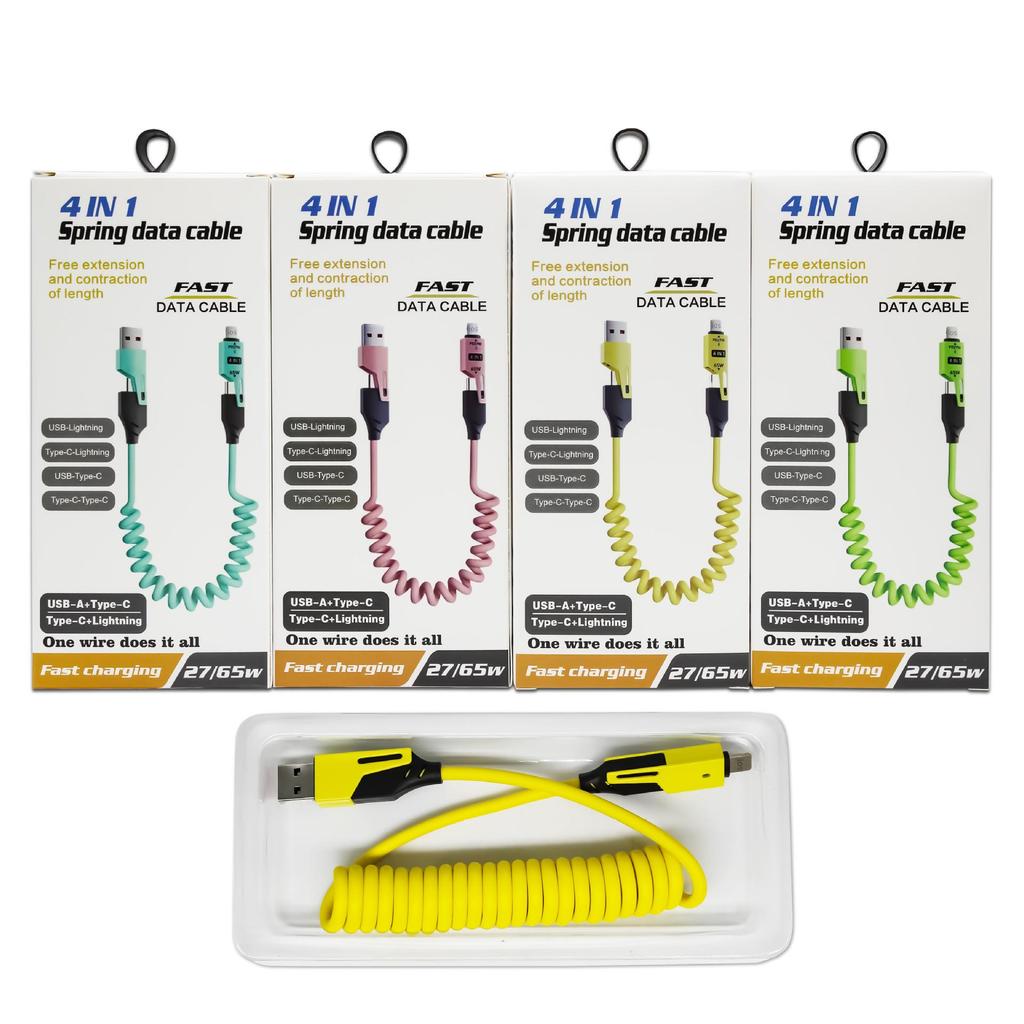 65W Spring Retractable Fast Charging Cable for Apple, Huawei - 4-in-1 Car Data Charger