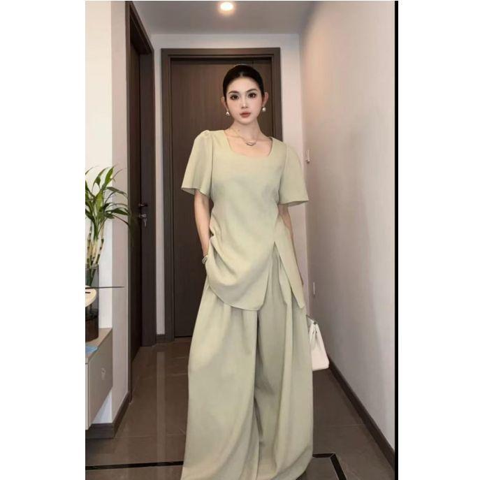 

Plus Size Women s Summer Slimming Split Top & Wide Leg Pants Two-Piece Set S (80-100 jin)