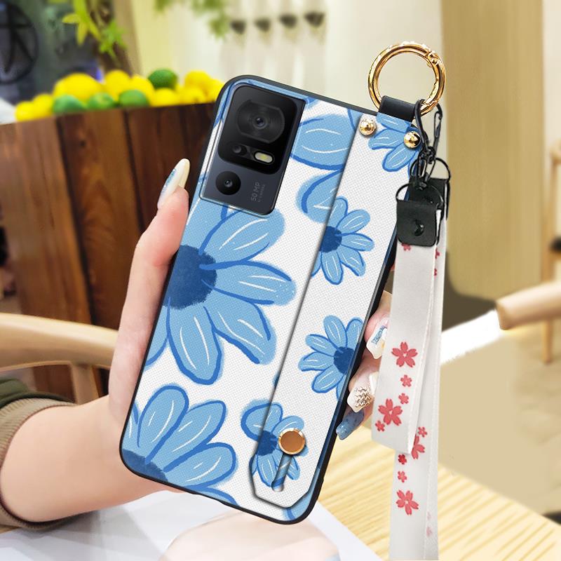 Lanyard Anti-knock Phone Case For TCL 40SE/T610K Dirt-resistant Flower Silicone Protective Ring Oil Painting Shockproof