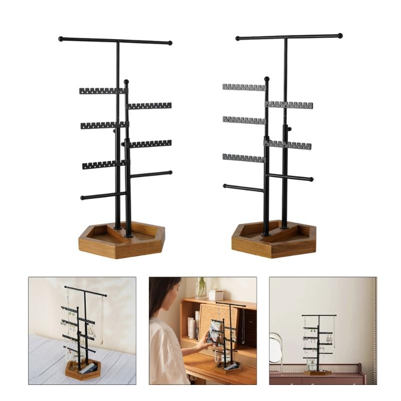 5-Tiers Jewelry Display Organizer Telescopic Earrings Necklaces Bracelets Holder with Wooden Tray Fashion Gift for Women