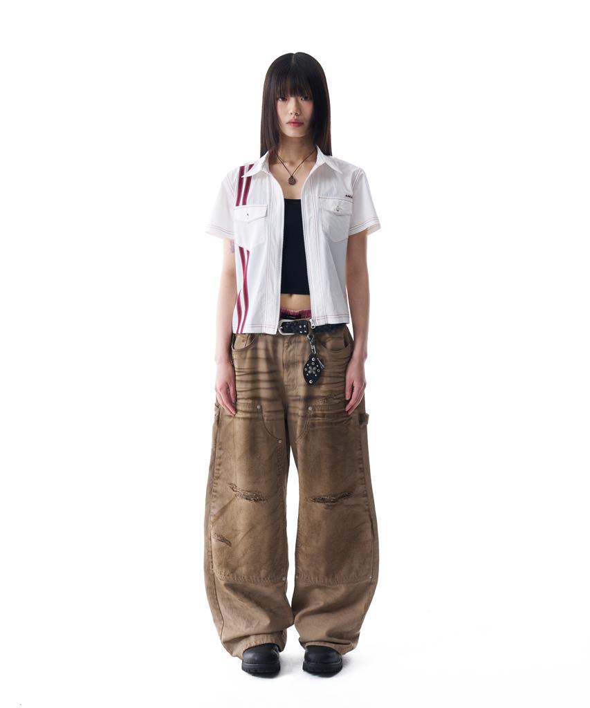 AAKAM Dirty Washed Double Knee Cotton Pants (Beige)