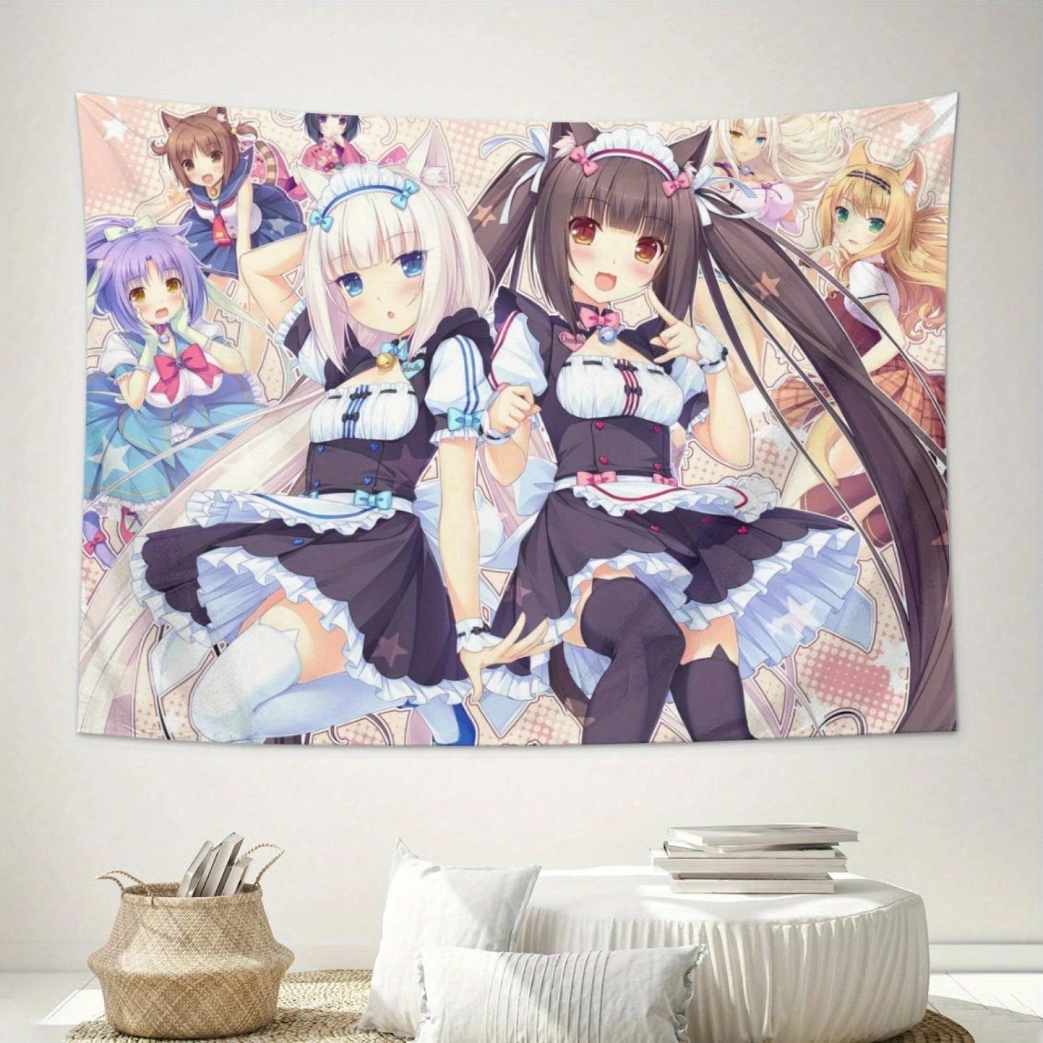 Тканевое панно Аниме Nekopara Очаровательные персонажи-неко-горничные Мягкое настенное панно в японском стиле для спальни, гостиной, балкона 74x94cm(29x37in)