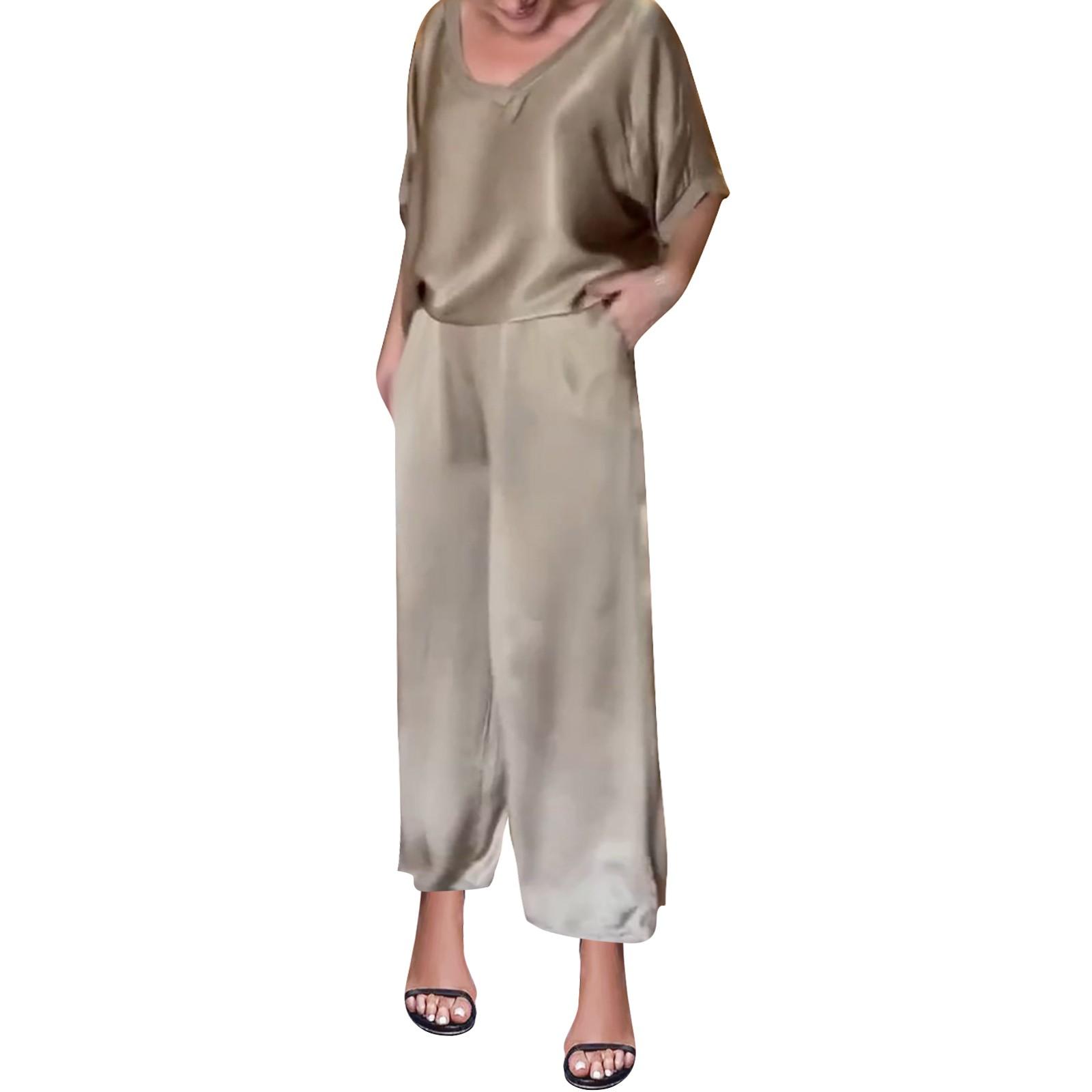 

Женская мода Элегантный однотонный шелковый повседневный комплект с v-образным вырезом XXXXXL хаки