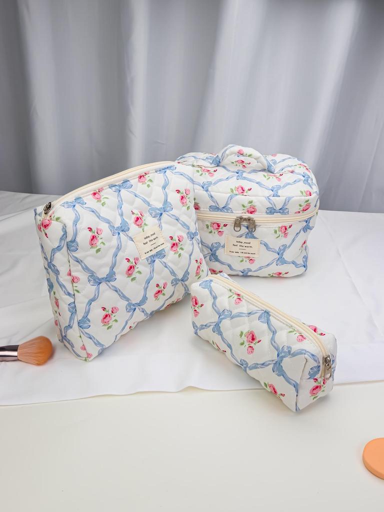 Floral Quilted Cotton Travel Makeup Bag Set – Portable, Large Capacity, 3-Piece