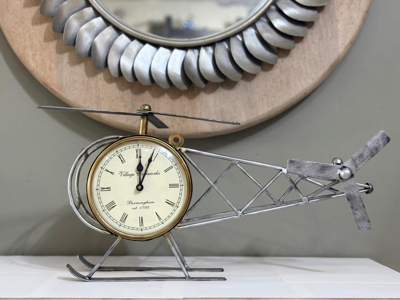 Helicopter Clock Silver Showpiece, Handcrafted Vintage