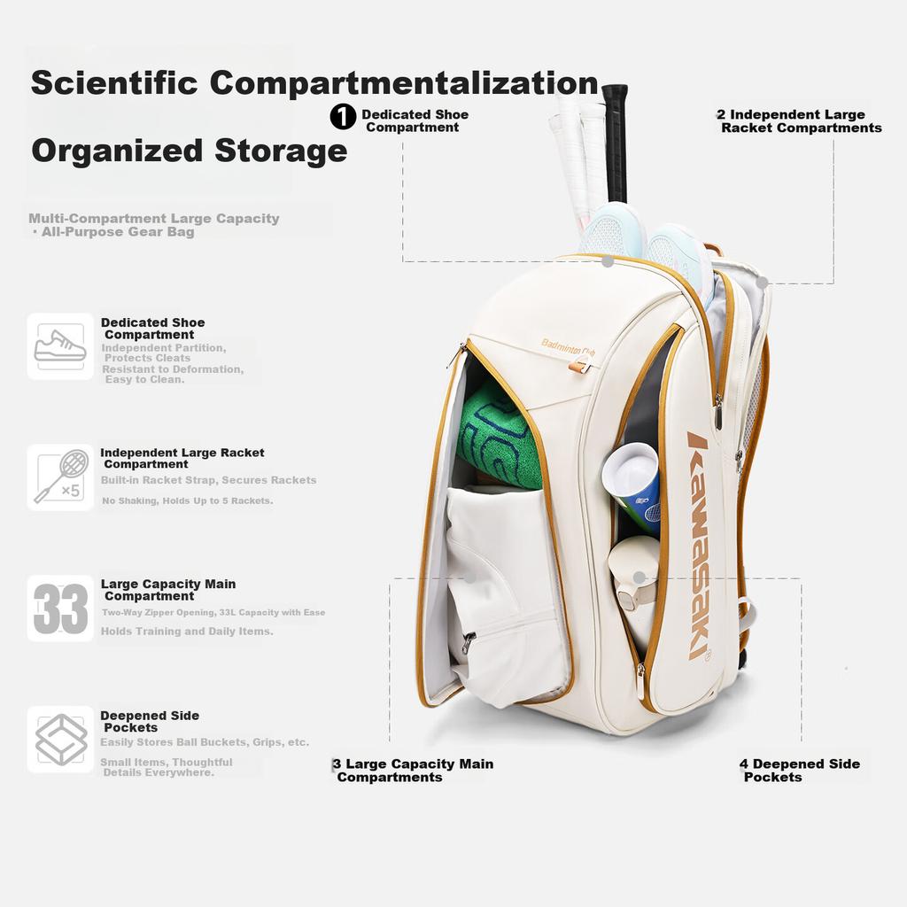 Kawasaki New Badminton Bag Large Capacity Separate Shoe Compartment Double Shoulder Sports Backpack Unisex