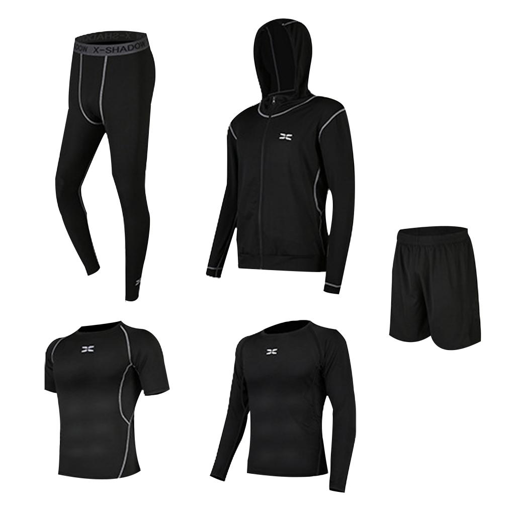 5 in 1 Mens Tracksuit Dance Gym Compression Football Jogging Sports Suit