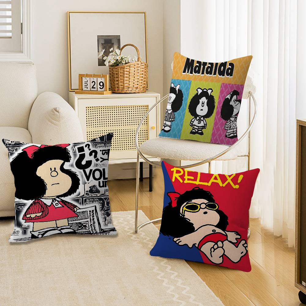 M-Mafalda Girl Pillow Covers Cartoon Sofa Decorative Home Double-Sided Printing Short Plush Cute Cushion Cover