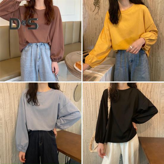 Women T-shirt Round Neck Lantern Long Sleeve Elastic Cuffs Tee Shirt Solid Color Loose Fit Pullover Tops Daily Wear