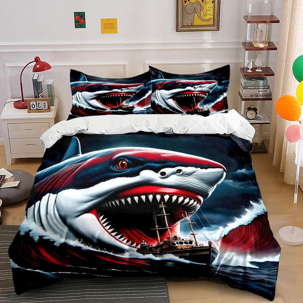Ensemble de literie 3 pièces Imprimé Bateau en Bois Attaqué par un Requin 1 Housse de couette 2 Taies d'oreiller Pour Adultes et Enfants Cadeau de Luxe Taille Double EU Twin 135X200cm&set