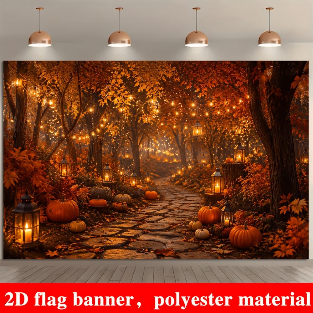2D planar banner background featuring a pumpkin forest theme for autumn with stone-paved pathzyc