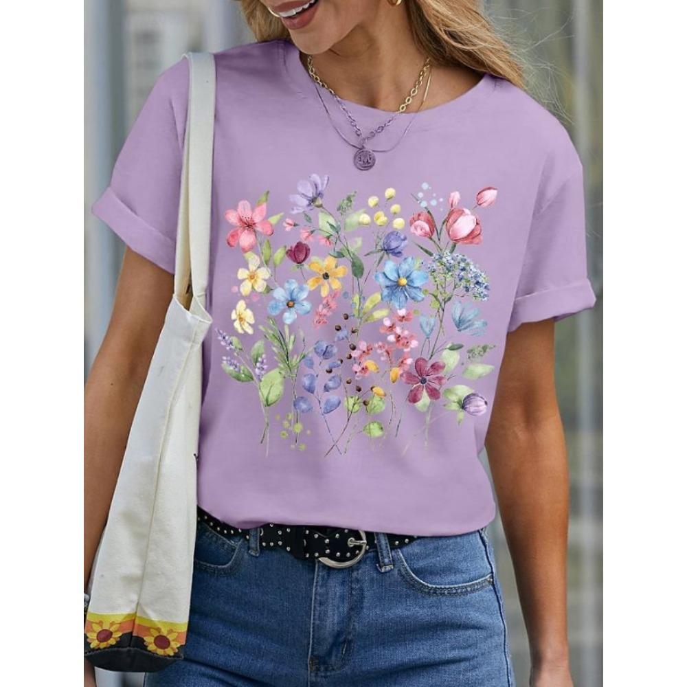 Fashion Women Retro Creative Watercolor Flowers Print T Shirt Funny Casual O-neck Short Sleeves T-shirt Summer Female Tee Shirt