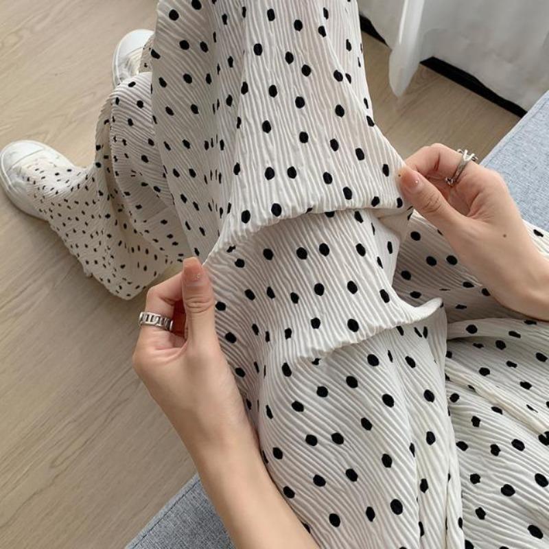 Polka Dot Pleated Wide Leg Pants for Women Summer Thin High Waist Drape Straight Loose Ice Silk Feel Floor Long Pants