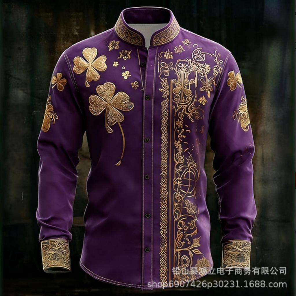 Luxury Long-sleeve Shirt with Gold Embroidered Floral Design