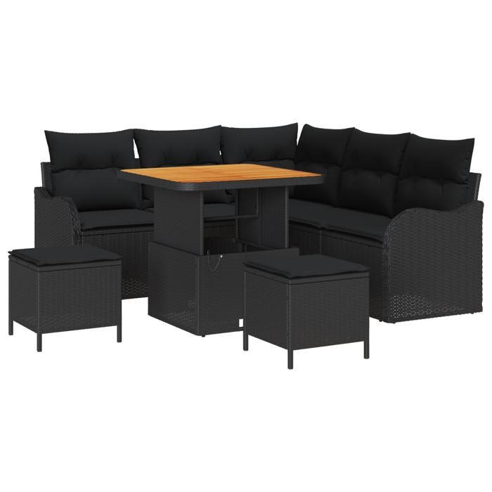 Ensemble de canapé de jardin 8 pièces avec coussins en rotin synthétique noir et acacia, Canapé de jardin 2 places 3362259